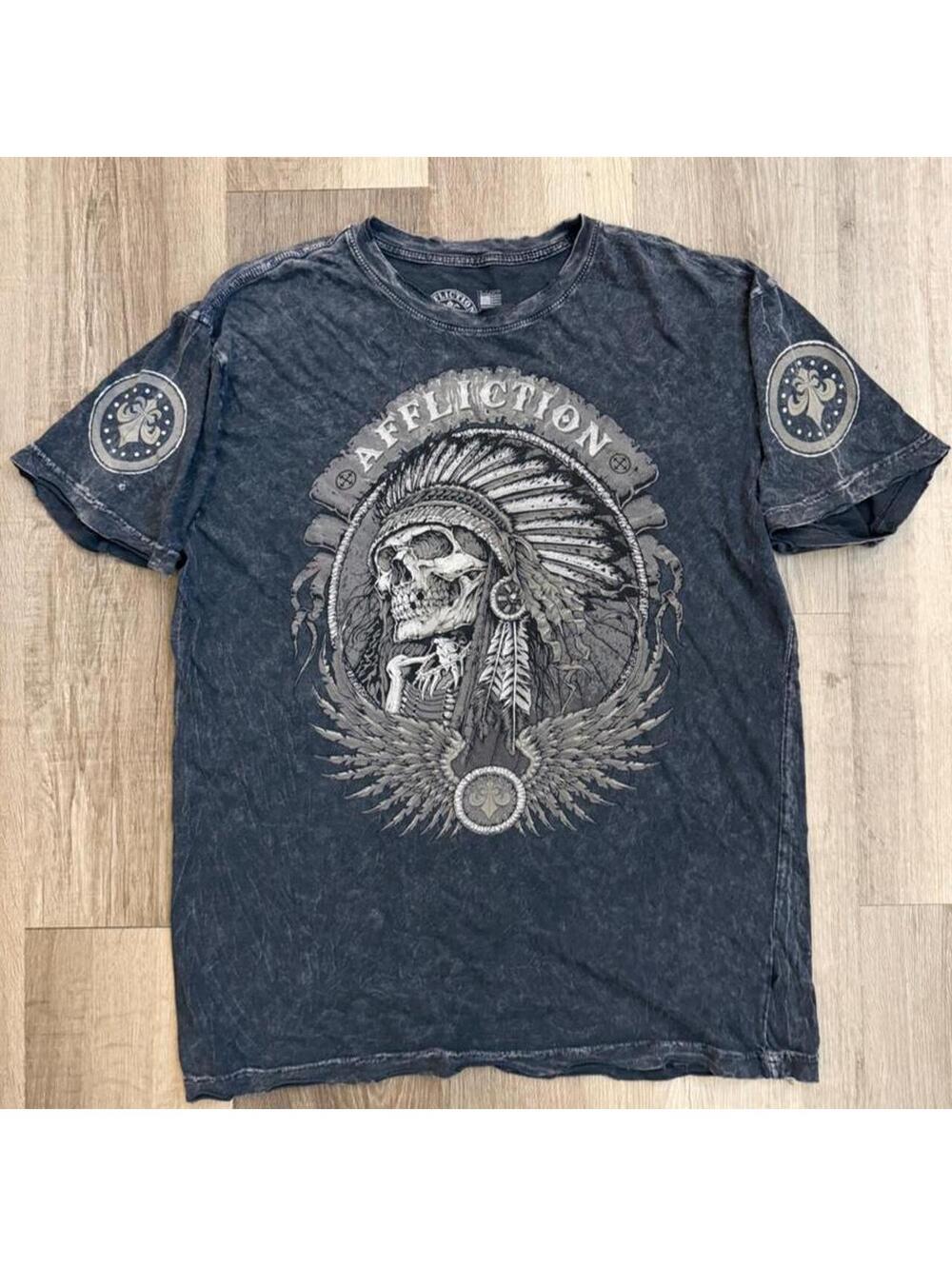Y2K Affliction black & gray graphic tee with eagle and wings design, size XL